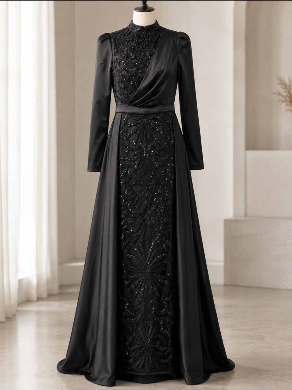 Elegant Black Beaded Long Sleeve Evening Dress